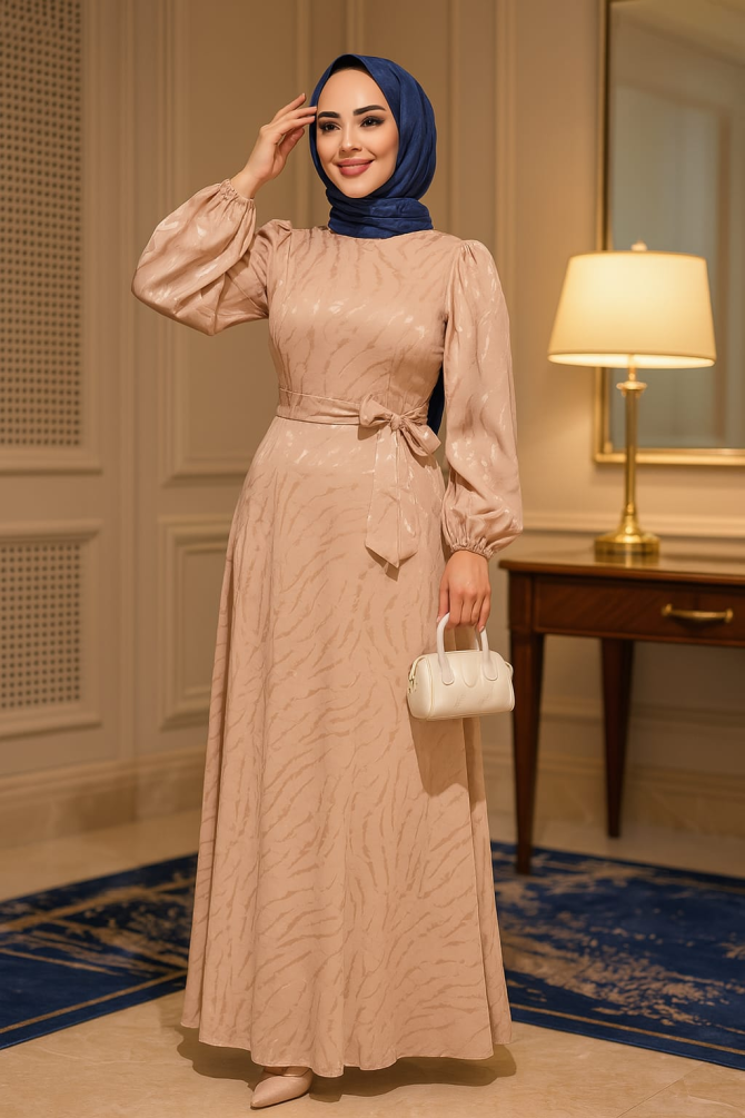 Tesettürlü Abiye Elbise - Desenli Bisküvi Tesettür Abiye Elbise 23273BS - TESETTÜRLÜ ABİYE ELBİSELER