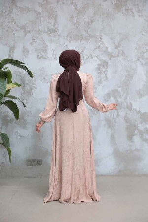 Tesettürlü Abiye Elbise - Desenli Bisküvi Tesettür Abiye Elbise 23274BS - 3