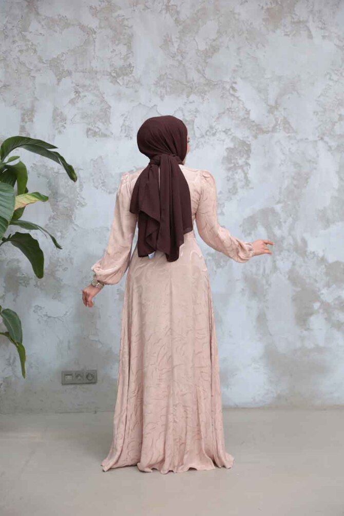 Tesettürlü Abiye Elbise - Desenli Bisküvi Tesettür Abiye Elbise 23274BS - 3