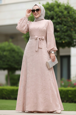 Tesettürlü Abiye Elbise - Desenli Bisküvi Tesettür Abiye Elbise 23274BS 