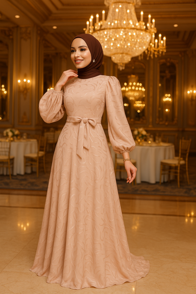 Tesettürlü Abiye Elbise - Desenli Bisküvi Tesettür Abiye Elbise 23274BS - TESETTÜRLÜ ABİYE ELBİSELER