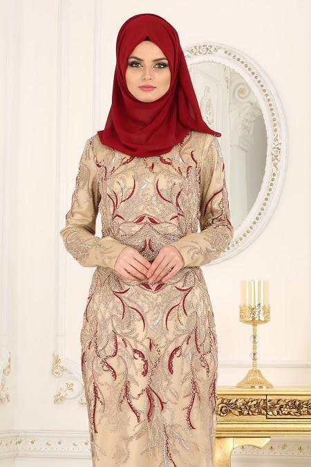 Tesettürlü Abiye Elbise - Desenli Bordo Tesettür Abiye Elbise 44870BR - 2