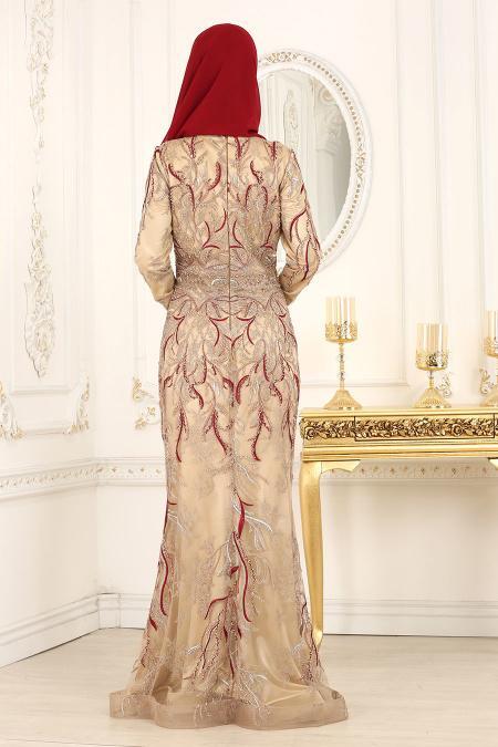 Tesettürlü Abiye Elbise - Desenli Bordo Tesettür Abiye Elbise 44870BR - 3