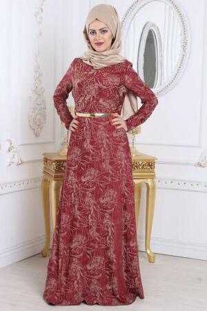 Tesettürlü Abiye Elbise - Desenli Bordo Tesettür Abiye Elbise 79530BR - 1
