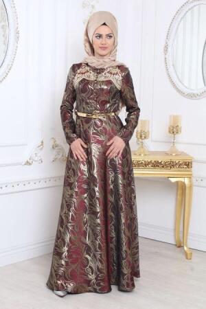Tesettürlü Abiye Elbise - Desenli Bordo Tesettür Abiye Elbise 7974BR - 1