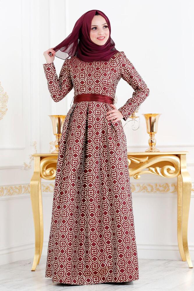 Tesettürlü Abiye Elbise - Desenli Bordo Tesettür Abiye Elbise 82451BR - 1
