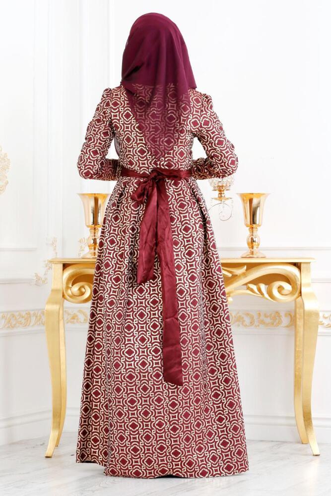 Tesettürlü Abiye Elbise - Desenli Bordo Tesettür Abiye Elbise 82451BR - 3