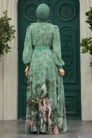 Tesettürlü Abiye Elbise - Desenli Çağla Yeşili Tesettür Abiye Elbise 39211CY - Thumbnail