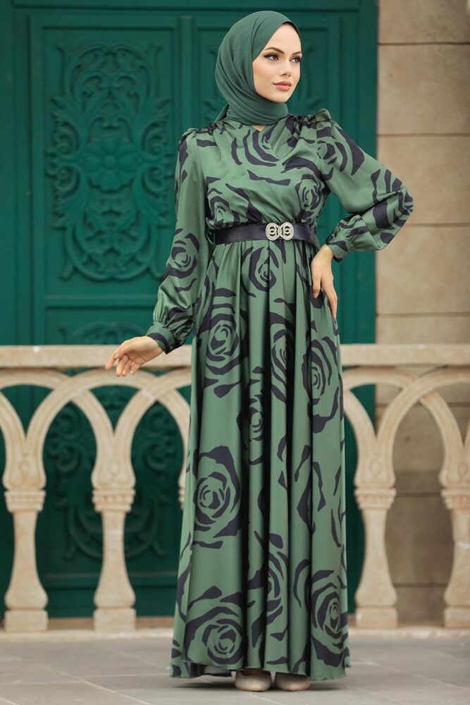 Tesettürlü Abiye Elbise - Desenli Haki Tesettür Saten Abiye Elbise 39232HK - 3