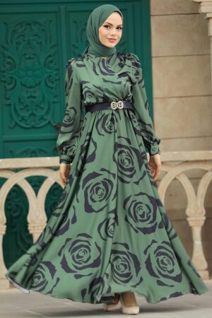 Tesettürlü Abiye Elbise - Desenli Haki Tesettür Saten Abiye Elbise 39232HK - 2