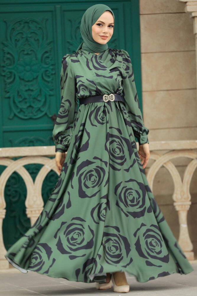Tesettürlü Abiye Elbise - Desenli Haki Tesettür Saten Abiye Elbise 39232HK - 2