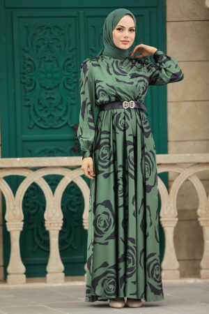 Tesettürlü Abiye Elbise - Desenli Haki Tesettür Saten Abiye Elbise 39232HK - 1