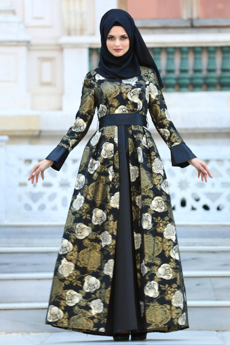 Tesettürlü Abiye Elbise - Desenli Jakarlı Hardal Tesettür Abiye Elbise 24682HR