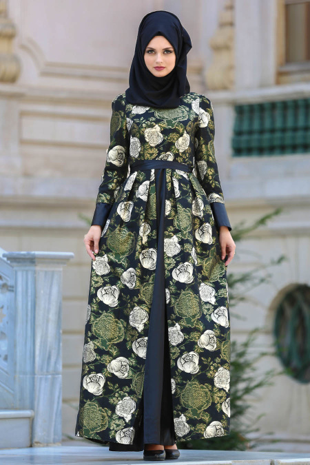 Tesettürlü Abiye Elbise - Desenli Jakarlı Yeşil Tesettür Abiye Elbise 24682Y