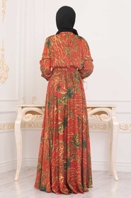 Tesettürlü Abiye Elbise - Desenli Kiremit Tesettür Abiye Elbise 1493KRMT - Thumbnail