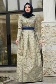 Tesettürlü Abiye Elbise - Desenli Lacivert Jakarlı Tesettür Abiye Elbise 82452L - Thumbnail