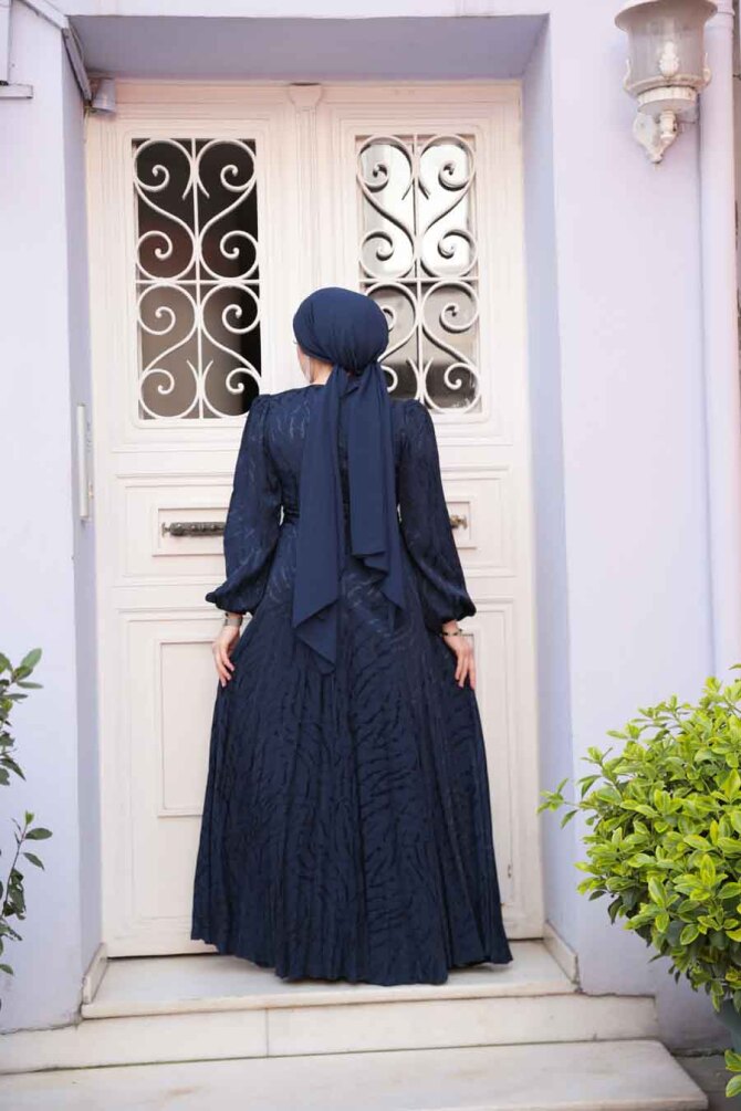 Tesettürlü Abiye Elbise - Desenli Lacivert Tesettür Abiye Elbise 23273L - 3