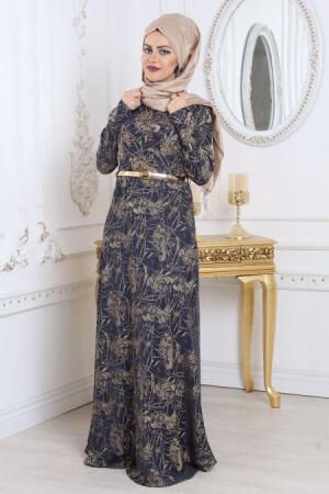 Tesettürlü Abiye Elbise - Desenli Lacivert Tesettür Abiye Elbise 79530L - 1
