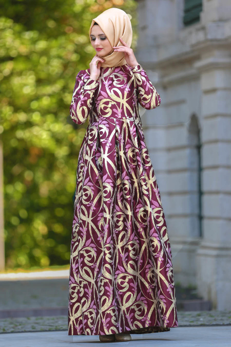 Tesettürlü Abiye Elbise - Desenli Pileli Bordo Tesettür Abiye Elbise 2441BR