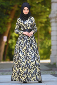 Tesettürlü Abiye Elbise - Desenli Pileli Siyah Tesettür Abiye Elbise 2441S - Thumbnail