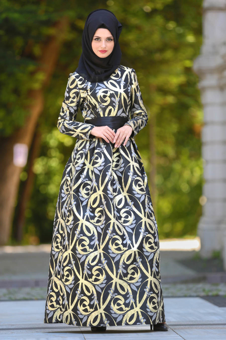 Tesettürlü Abiye Elbise - Desenli Pileli Siyah Tesettür Abiye Elbise 2441S