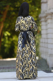 Tesettürlü Abiye Elbise - Desenli Pileli Siyah Tesettür Abiye Elbise 2441S - Thumbnail