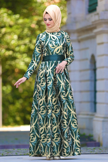 Tesettürlü Abiye Elbise - Desenli Pileli Yeşil Tesettür Abiye Elbise 2441Y