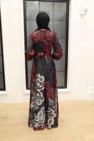 Tesettürlü Abiye Elbise - Desenli Saten Kırmızı Tesettür Abiye Elbise 3432K - Thumbnail