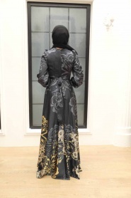 Tesettürlü Abiye Elbise - Desenli Saten Siyah Tesettür Abiye Elbise 3432S - Thumbnail