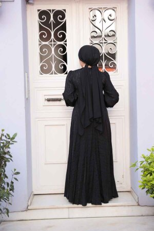 Tesettürlü Abiye Elbise - Desenli Siyah Tesettür Abiye Elbise 23273S - 3