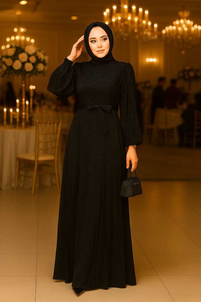Tesettürlü Abiye Elbise - Desenli Siyah Tesettür Abiye Elbise 23273S - TESETTÜRLÜ ABİYE ELBİSELER