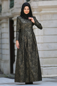 Tesettürlü Abiye Elbise - Desenli Siyah Tesettür Abiye Elbise 24414S - Thumbnail
