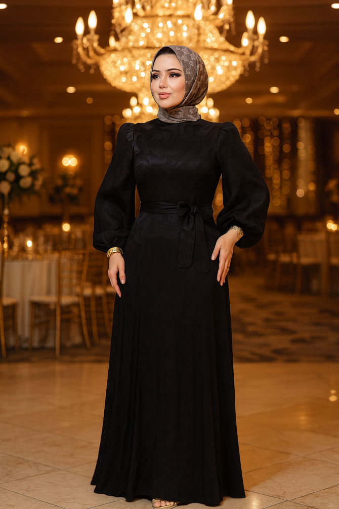 Tesettürlü Abiye Elbise - Desenli Siyah Tesettür Abiye Elbise 23274S - TESETTÜRLÜ ABİYE ELBİSELER