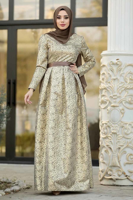 Tesettürlü Abiye Elbise - Desenli Vizon Jakarlı Tesettür Abiye Elbise 82452V