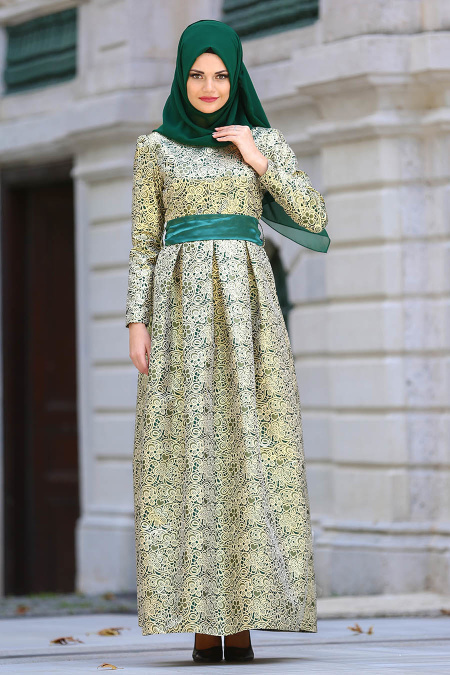 Tesettürlü Abiye Elbise - Desenli Yeşil Jakarlı Tesettür Abiye Elbise 82452Y