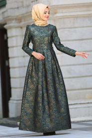 Tesettürlü Abiye Elbise - Desenli Yeşil Tesettür Abiye Elbise 24414Y - Thumbnail