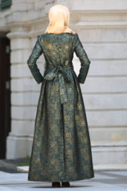 Tesettürlü Abiye Elbise - Desenli Yeşil Tesettür Abiye Elbise 24414Y - Thumbnail