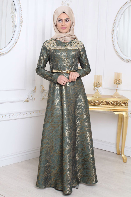 Tesettürlü Abiye Elbise - Desenli Yeşil Tesettür Abiye Elbise 7974Y
