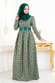 Tesettürlü Abiye Elbise - Desenli Yeşil Tesettür Abiye Elbise 82451Y - Thumbnail