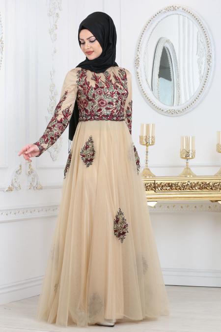Tesettürlü Abiye Elbise - Detaylı Bordo Tesettür Abiye Elbise 7501BR - 2