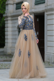 Tesettürlü Abiye Elbise - Detaylı Lacivert Tesettür Abiye Elbise 7501L - Thumbnail