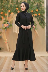 Tesettürlü Abiye Elbise - Detaylı Siyah Tesettür Abiye Elbise 40530S - Thumbnail