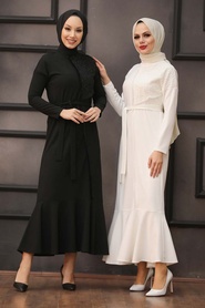 Tesettürlü Abiye Elbise - Detaylı Siyah Tesettür Abiye Elbise 40530S - Thumbnail