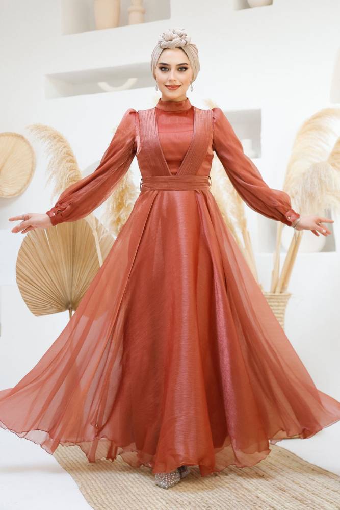 Tesettürlü Abiye Elbise - Drape Detaylı Bakır Tesettür Abiye Elbise 45701BKR - 1