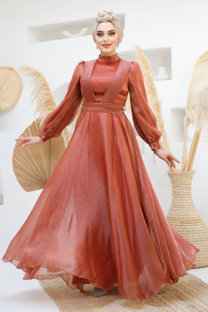 Tesettürlü Abiye Elbise - Drape Detaylı Bakır Tesettür Abiye Elbise 45701BKR - 2