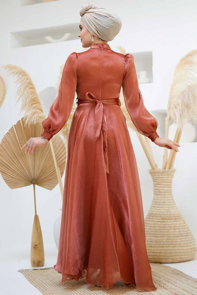 Tesettürlü Abiye Elbise - Drape Detaylı Bakır Tesettür Abiye Elbise 45701BKR - 4