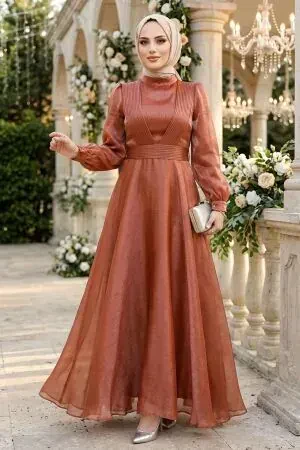 Tesettürlü Abiye Elbise - Drape Detaylı Bakır Tesettür Abiye Elbise 45701BKR - 1