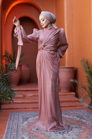 Tesettürlü Abiye Elbise - Drape Detaylı Bakır Tesettür Abiye Elbise 52285BKR - 1