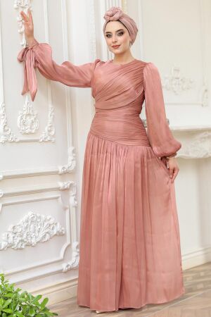 Tesettürlü Abiye Elbise - Drape Detaylı Bakır Tesettür Abiye Elbise 53631BKR 