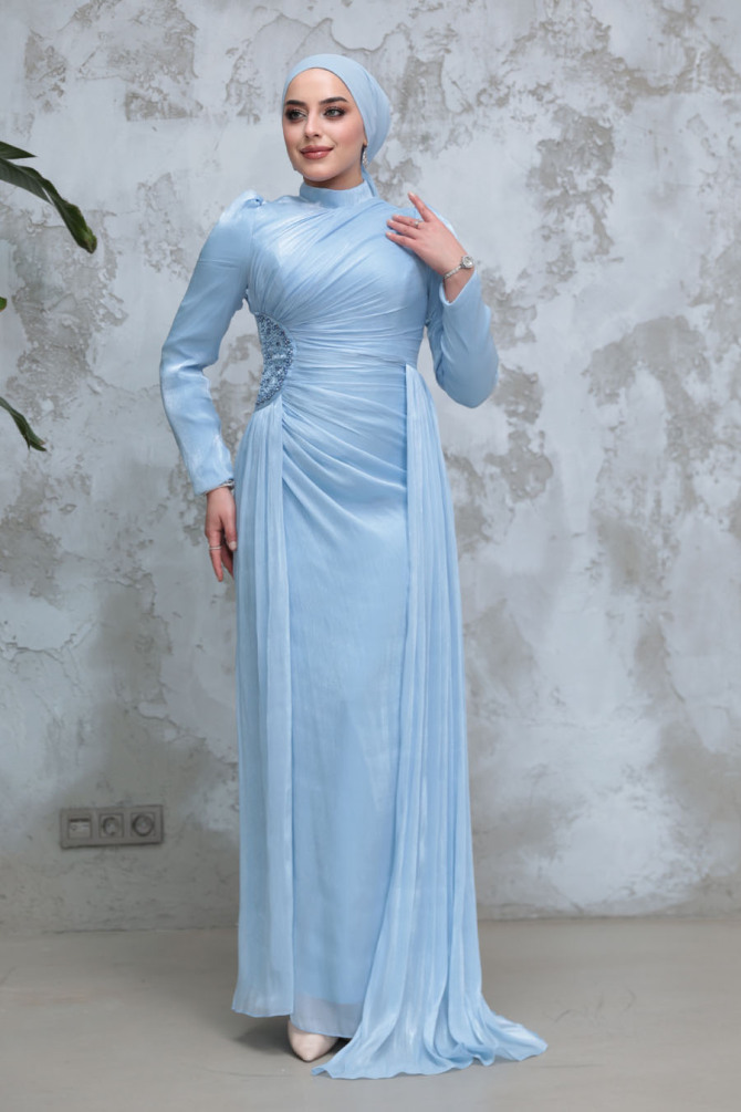 Tesettürlü Abiye Elbise - Drape Detaylı Bebek Mavisi Tesettür Abiye Elbise 51481BM - 2